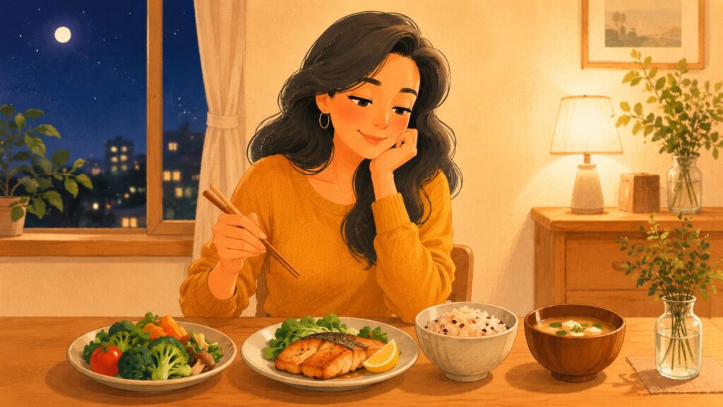 野菜、たんぱく質、主食が並ぶ夜の食卓イメージ