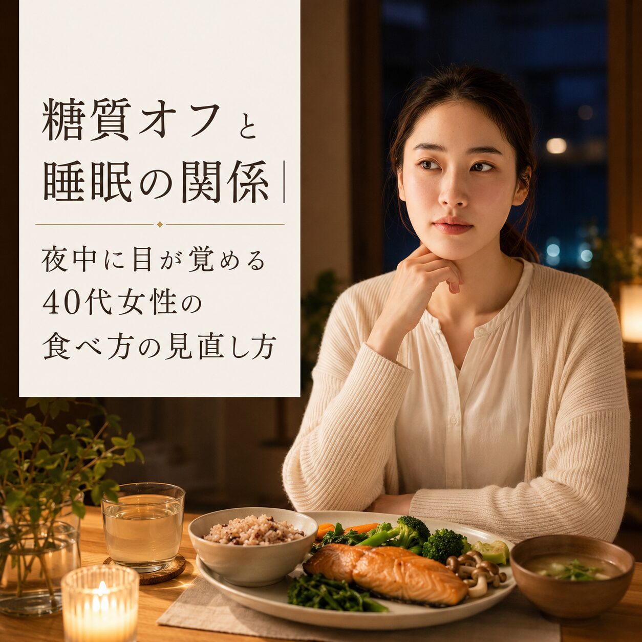 糖質オフと睡眠の関係｜夜中に目が覚める40代女性の食べ方の見直し方のイラスト