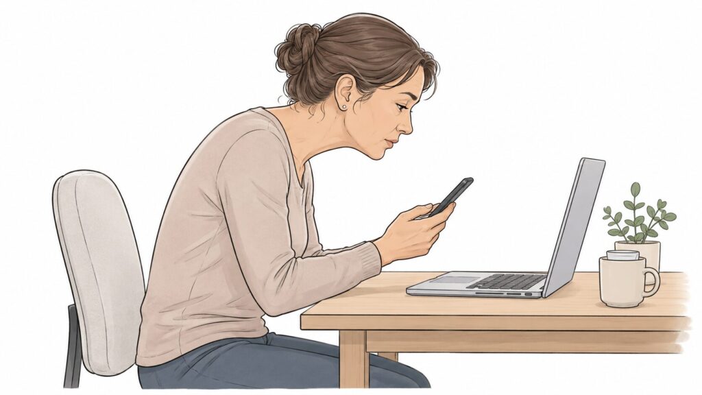 長時間のスマホ・パソコン姿勢の女性