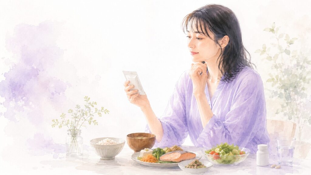 食事とサプリメントのバランスを考える女性の水彩イラスト