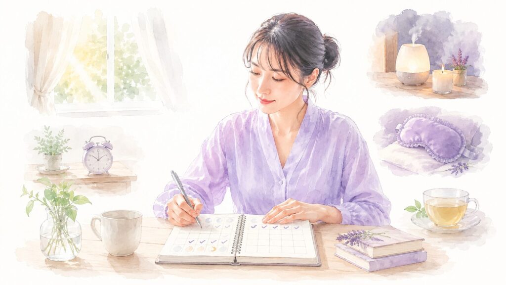2週間の生活習慣と眠りのセルフチェックを記録する女性の水彩イラスト