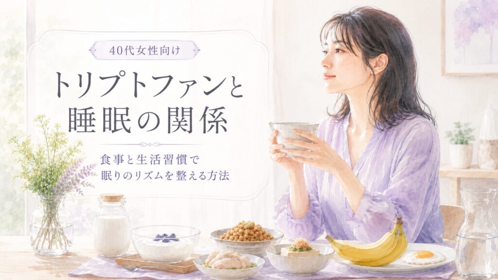 トリプトファンを含む食品が並ぶ朝の食卓と、紫の服を着た女性の水彩イラスト