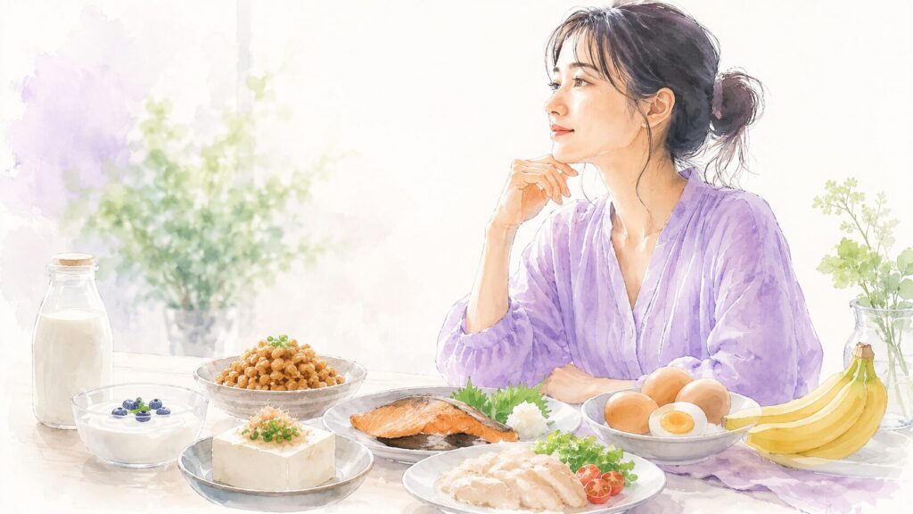 納豆、豆腐、鮭、卵、バナナなどトリプトファンを含む食品の水彩イラスト