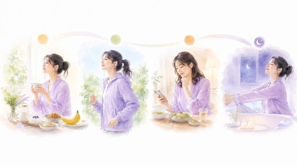 食事、朝の光、運動、夜の過ごし方が眠りに関わることを表した水彩イラスト