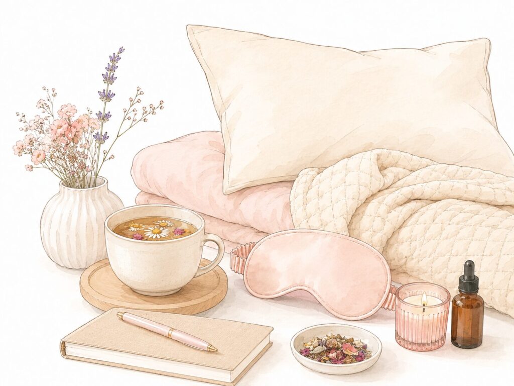 睡眠をサポートするアイテムをやさしく並べたイラスト