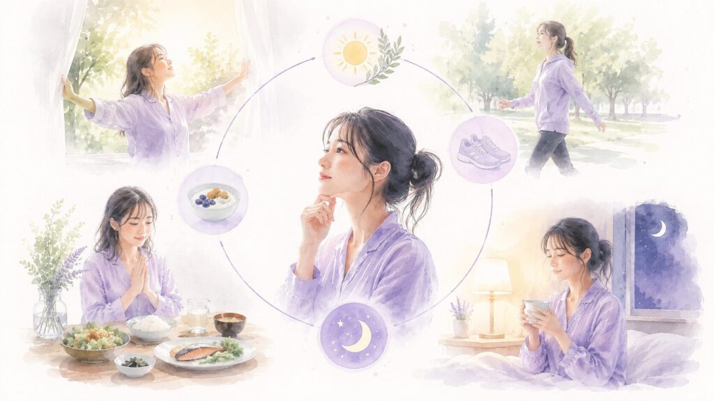 朝の光、日中の運動、夕食、就寝前の休息までの1日の流れを表した水彩イラスト