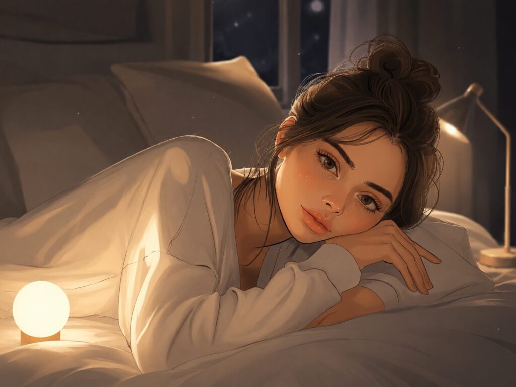 夜中に目が覚めて眠れない女性のイメージ