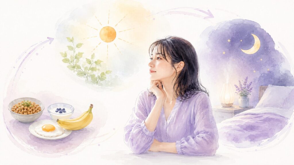 朝の食事から日中、夜の眠りへつながるリズムを表した水彩イラスト