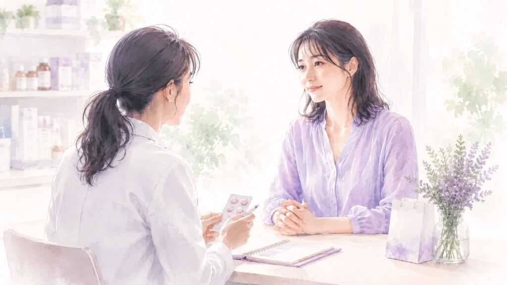薬やサプリメントについて専門家へ相談する女性の水彩イラスト
