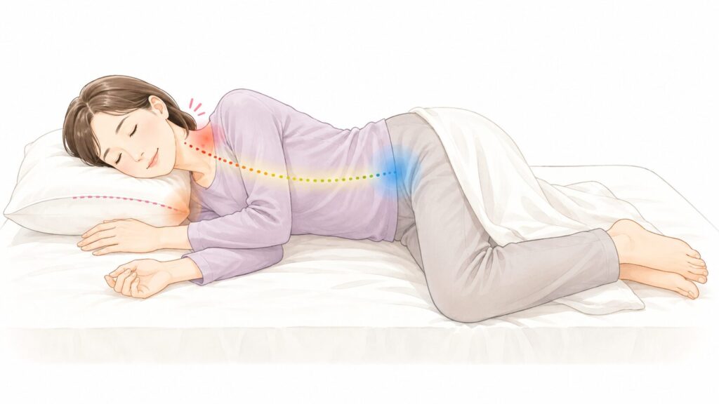 横向き寝で首や肩に負担がかかりやすい状態を説明するイラスト