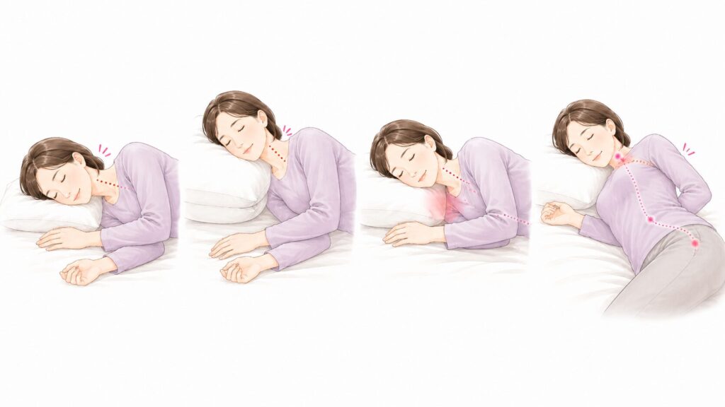 枕の高さの違いで首に負担が出やすい様子を示すイラスト