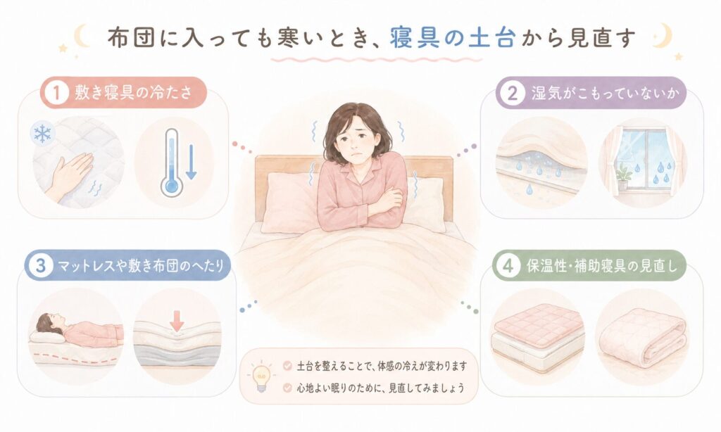 布団に入っても寒いときに見直したい寝具の土台をまとめた図