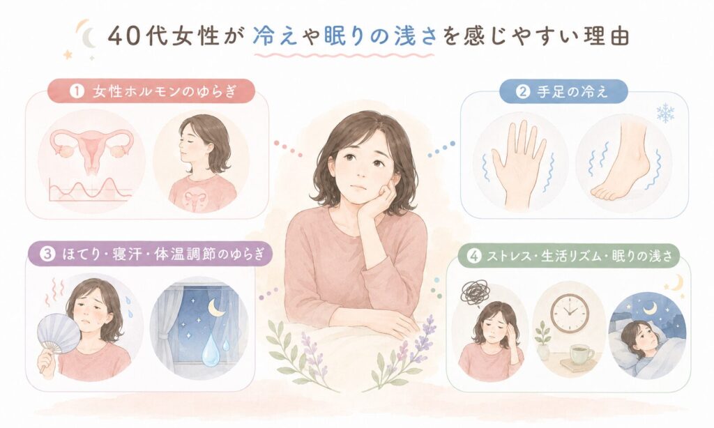 40代女性が冷えや眠りの浅さを感じやすい理由をまとめた図