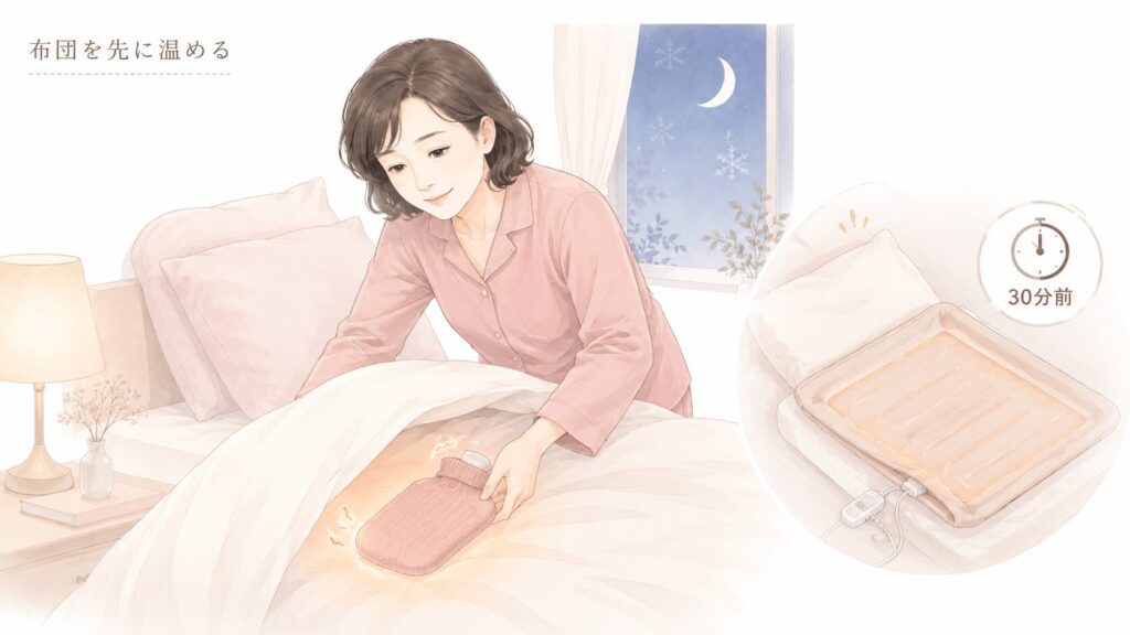 布団が冷たい夜に湯たんぽや電気毛布で事前に温めるイメージ