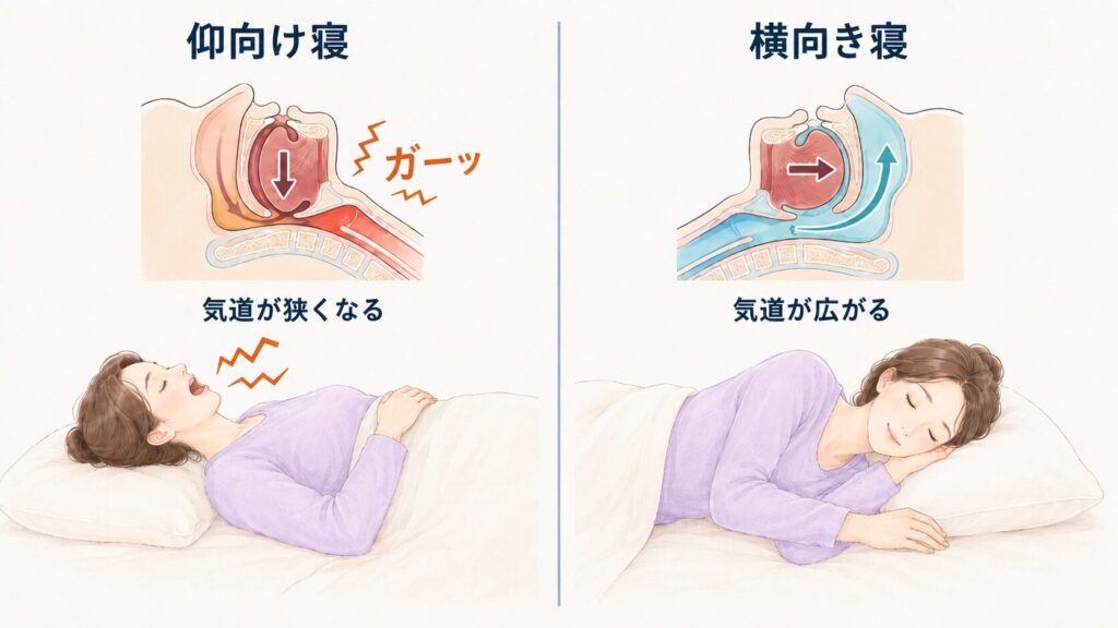 仰向け寝と横向き寝の比較イラスト