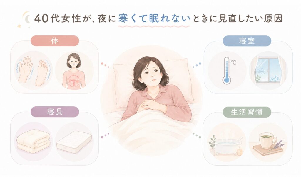 寒くて眠れない原因を体・寝室・寝具・生活習慣に分けて整理した図