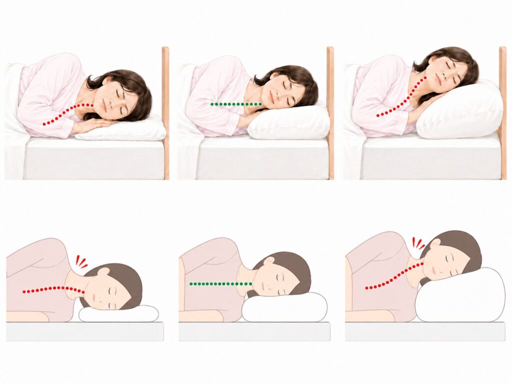 枕の高さ3パターン・横向き寝の首の角度比較図