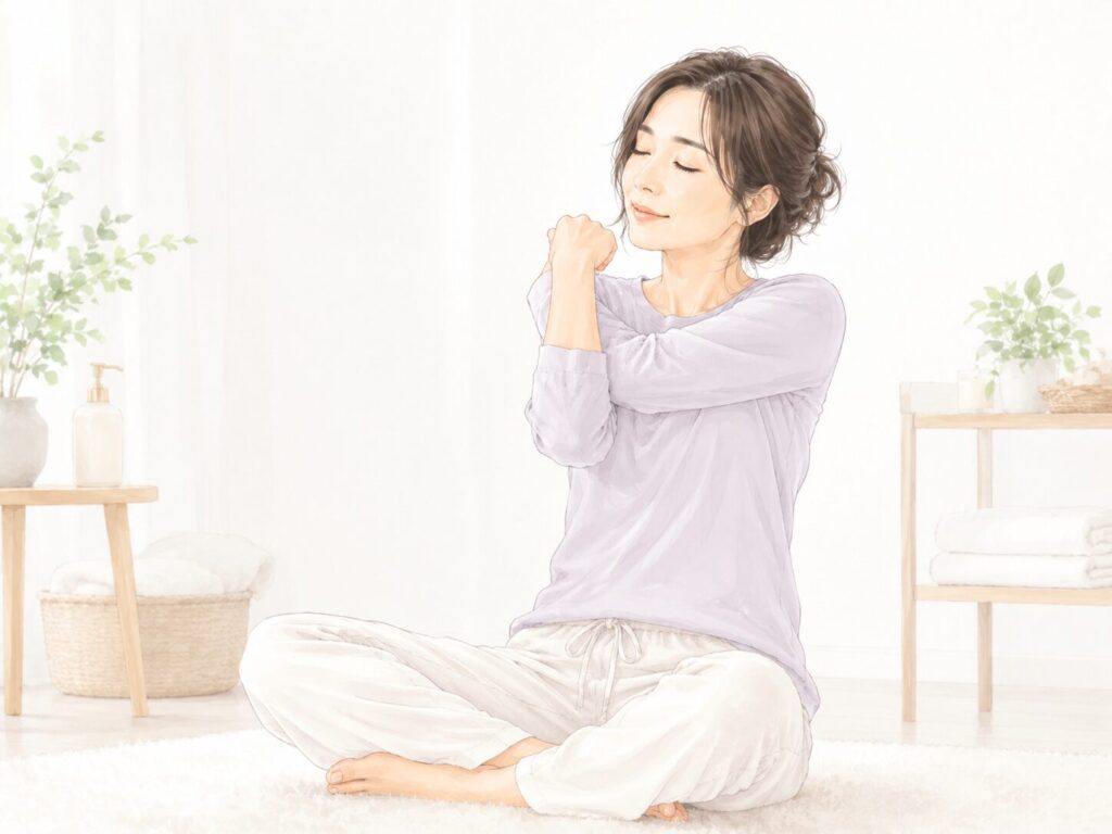 床に座り肩まわりをゆっくりストレッチしている様子