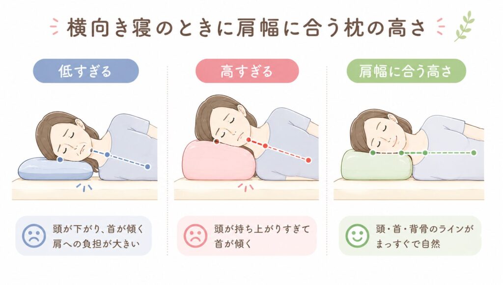 横向き寝で肩幅に合う枕の高さの比較