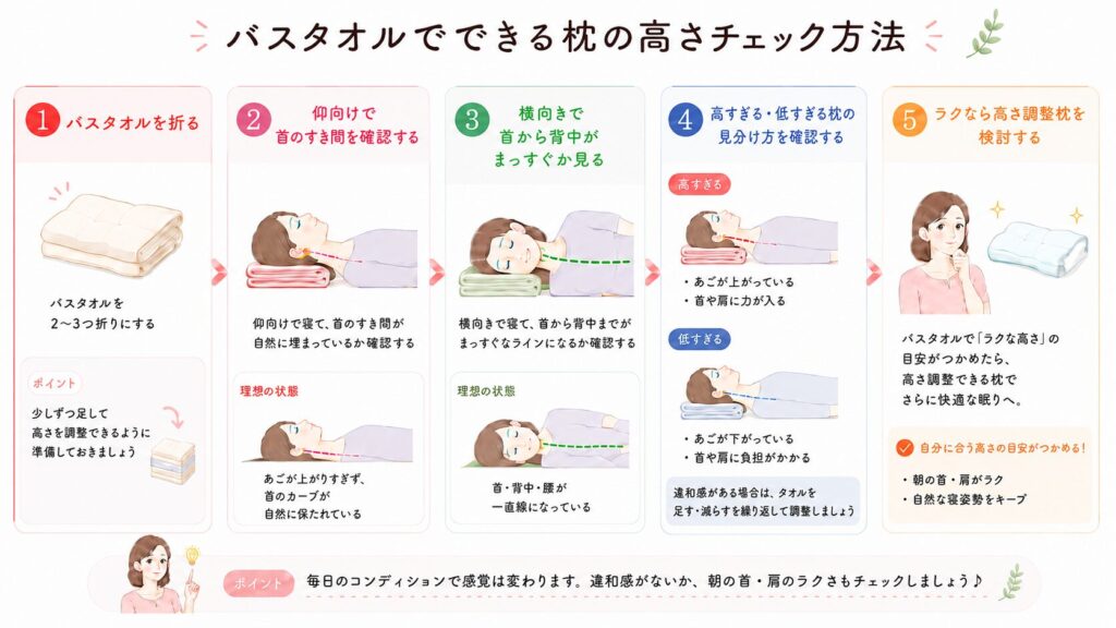 バスタオルでできる枕の高さチェック方法