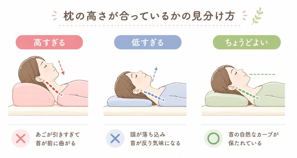 枕の高さが高すぎる低すぎるちょうどよい状態の比較