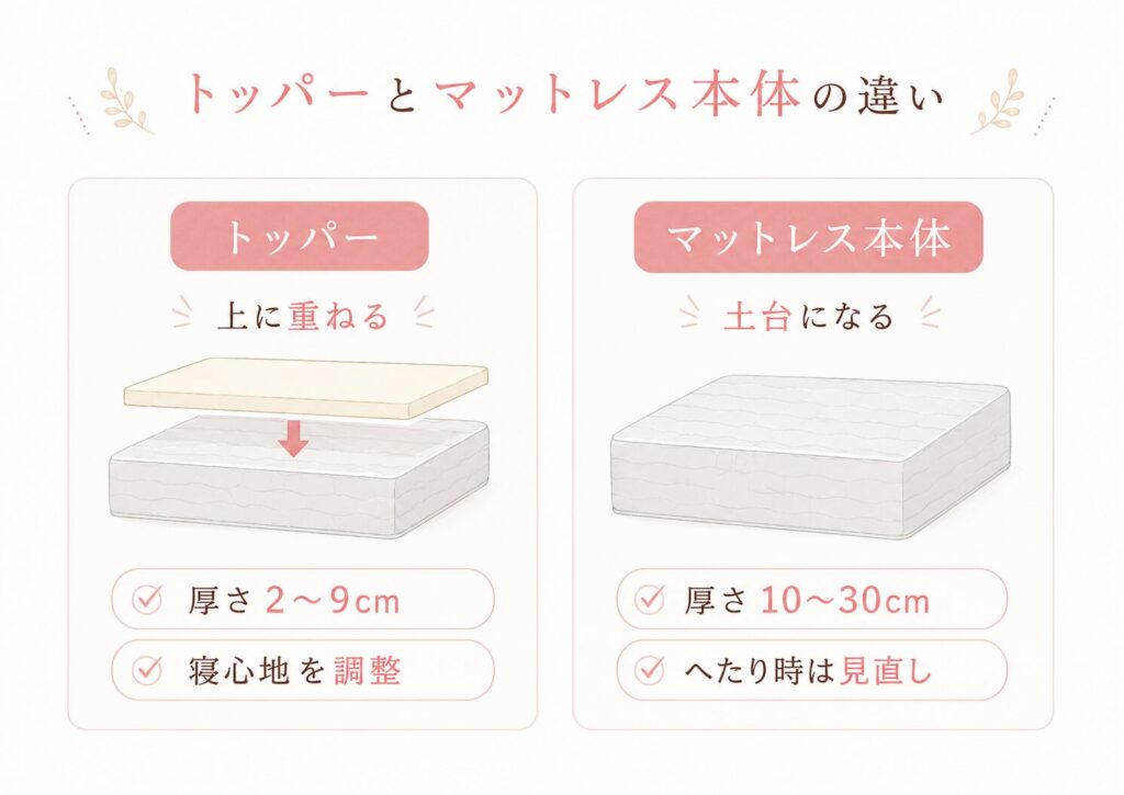 トッパーとマットレス本体の役割の違いを示す図