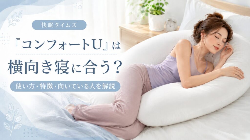 横向きで穏やかに眠る40代女性とU字型サポート寝具のイラスト