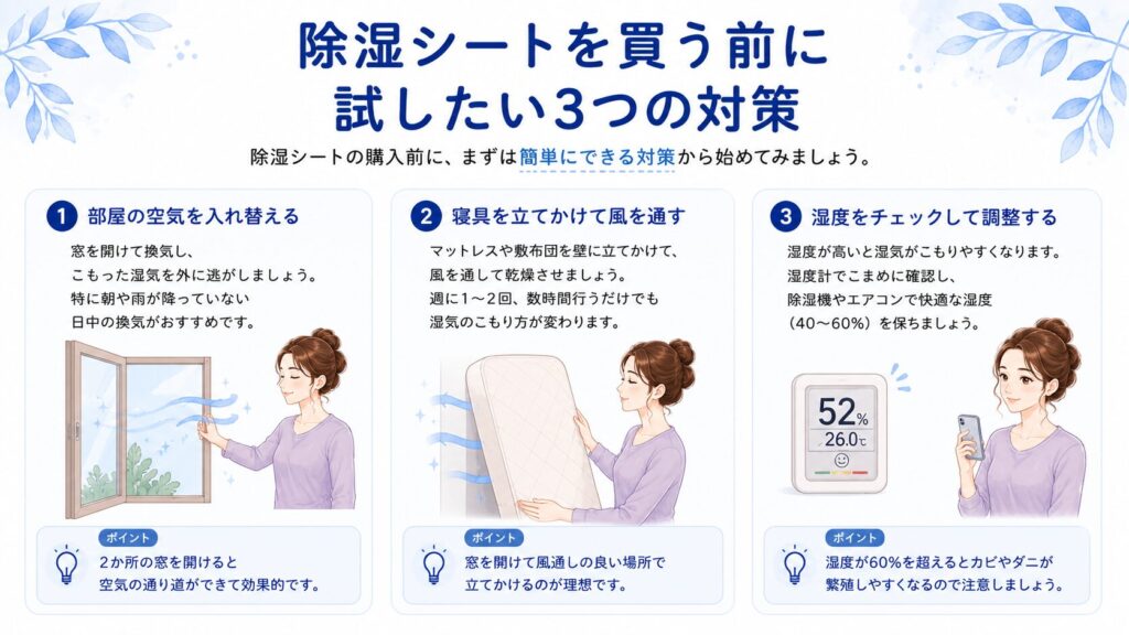 換気や寝具の立てかけなど、除湿シートを買う前に試したい湿気対策の図解