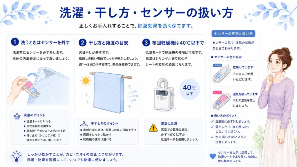 除湿シートの洗濯方法、干し方、吸湿センサーの使い方を解説した図