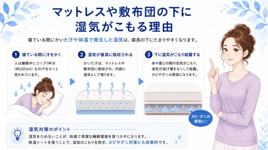 マットレスや敷布団の下に湿気がたまる原因を図解したイラスト