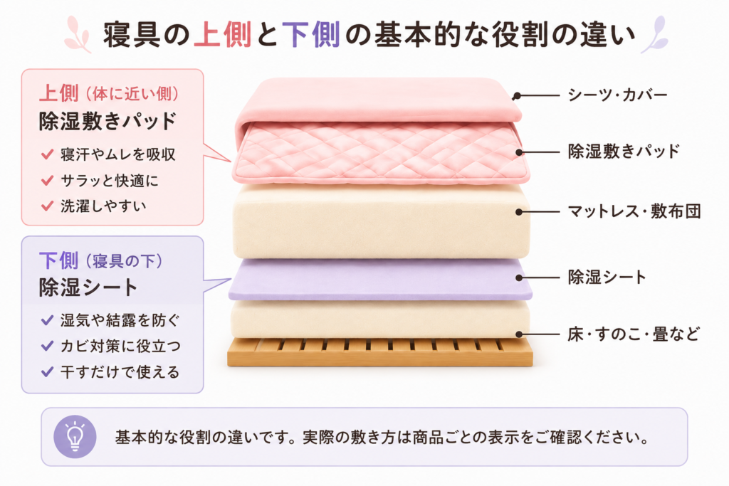 除湿敷きパッドと除湿シートの基本的な使用位置の違いを示した寝具の断面図