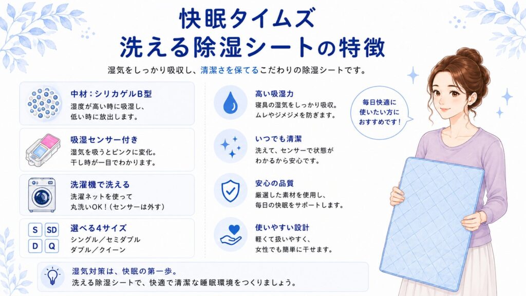 快眠タイムズ洗える除湿シートの特徴や吸湿センサー、洗濯方法をまとめた図