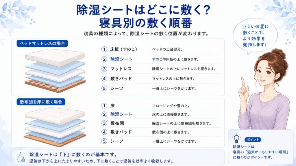 ベッドと敷布団それぞれの除湿シートの正しい敷き方と順番を解説した図